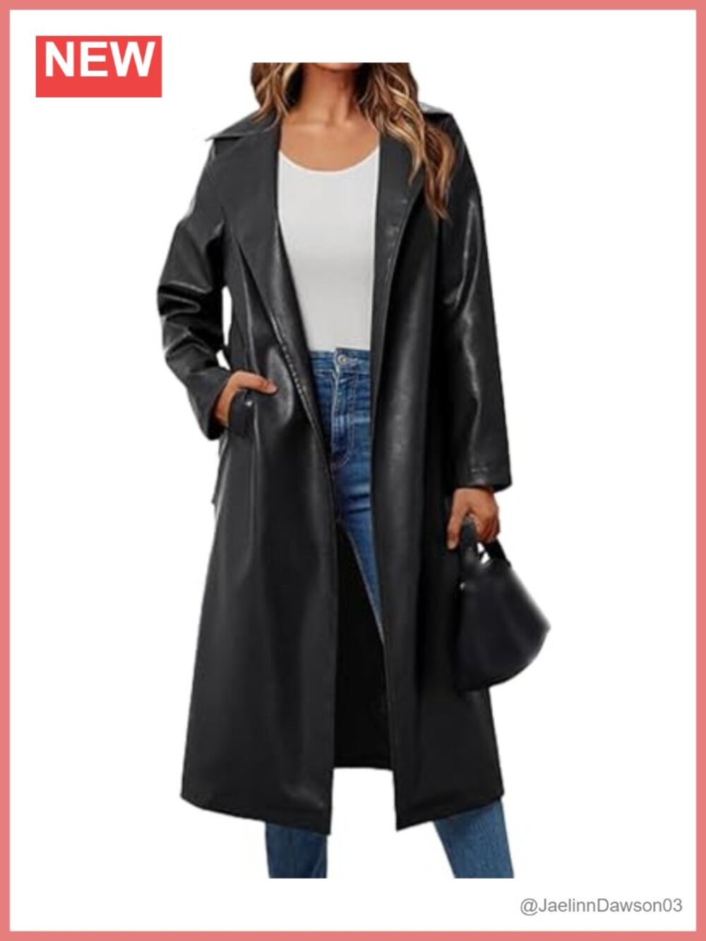 Women's Faux Leather Long Coat Notched Lapel Trench Coat Open Front Maxi Jacket